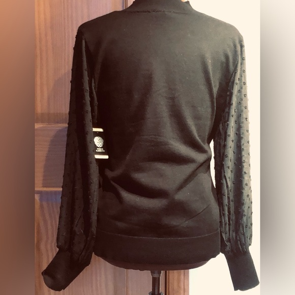 NWT VINCE CAMUTO blk sweater sz M Semi sheer Swiss dot sleeves Mock neck - Picture 2 of 8
